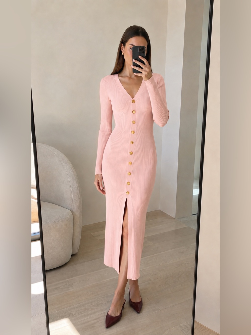 STAUD Shoko Rib Knit Button Front Midi Dress Cherry Blossom Pink Size S NWT